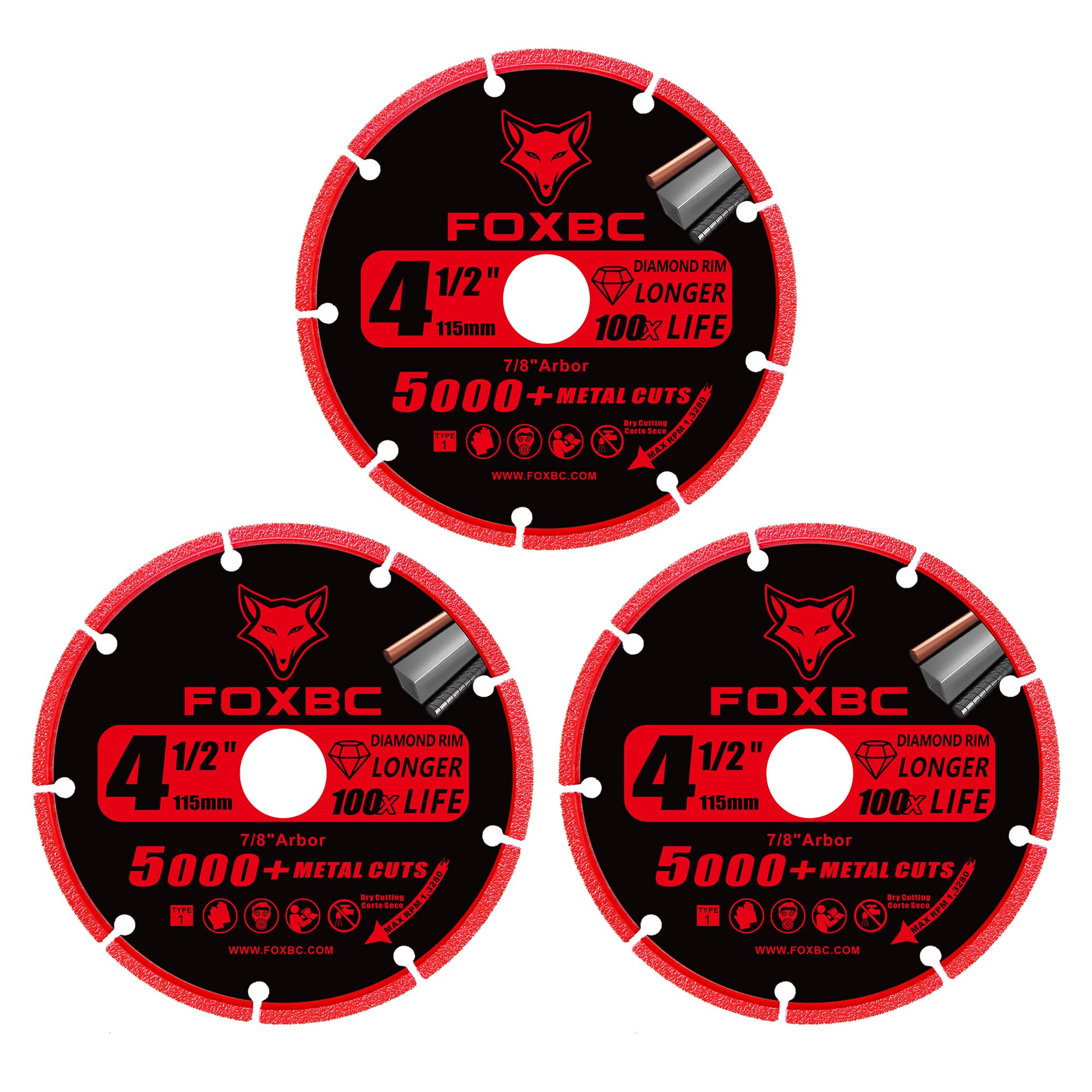 FOXBC 4-1/2 Inch Diamond Cutting Wheel Metal Cut Off for Angle Grinder, 5000+ Cuts on Rebar, Stainless Steel, Angle Iron, 7/8" Arbor - 3 Pack