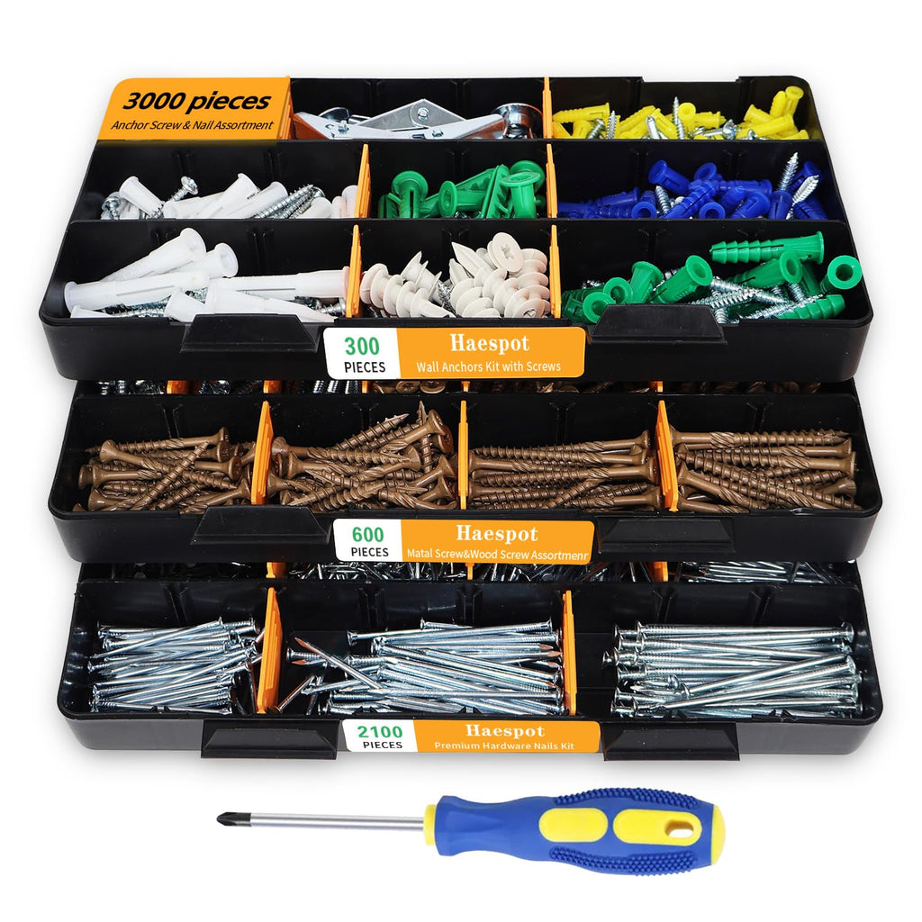 Haespot 3000-Piece Hardware Kit with Anchors, Tapping Screws, Deck Screws&Nails–DIY-Friendly,3-Tier Storage for Home Projects