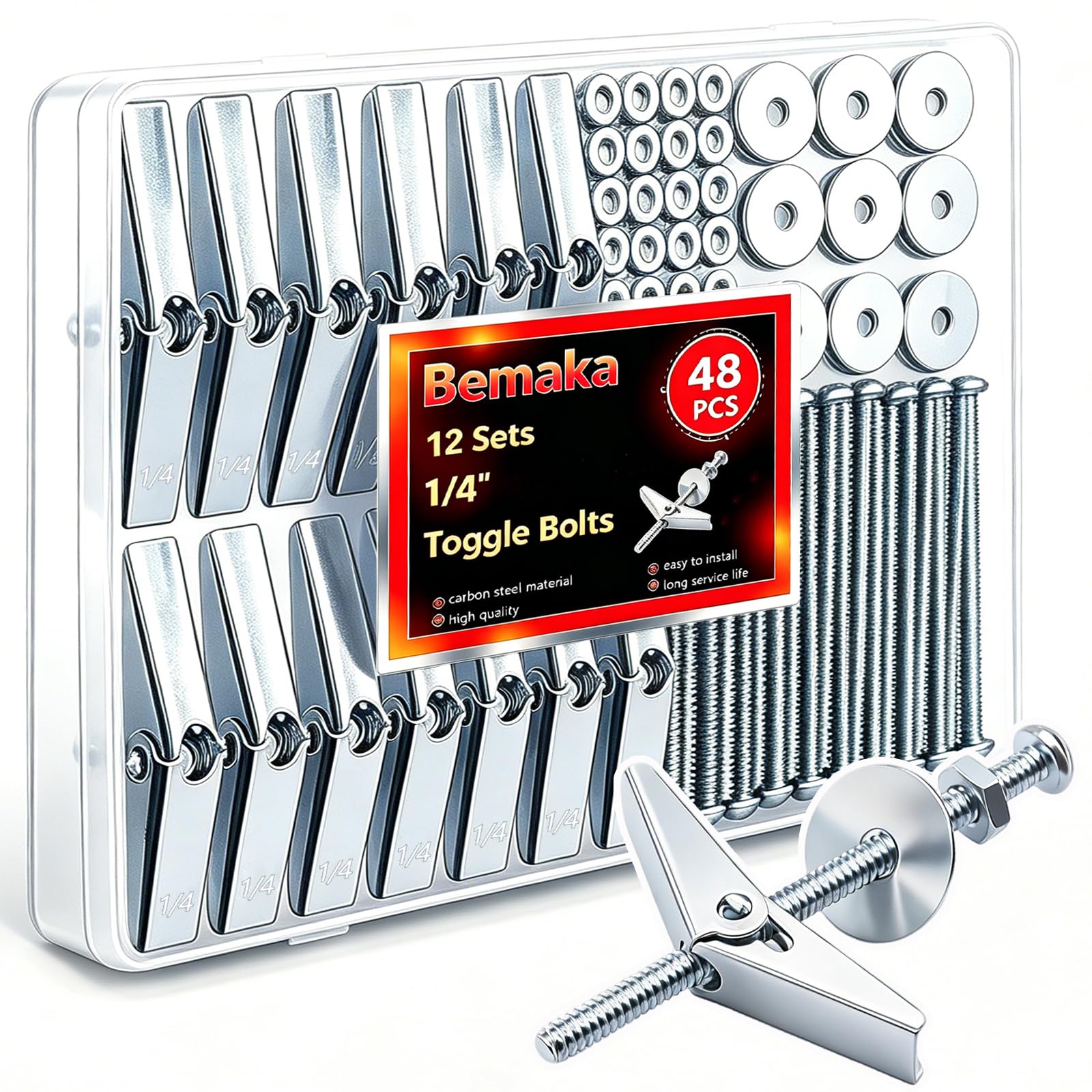 Bemaka (1/8" 3/16" 1/4" 1/4"-20 11 Sizes Assortment kit) (Silver/Multicolor/White) (Optional) Toggle Bolts for Drywall, Heavy Duty Drywall Anchors and Screws Kit for Hollow Wall, Ceiling
