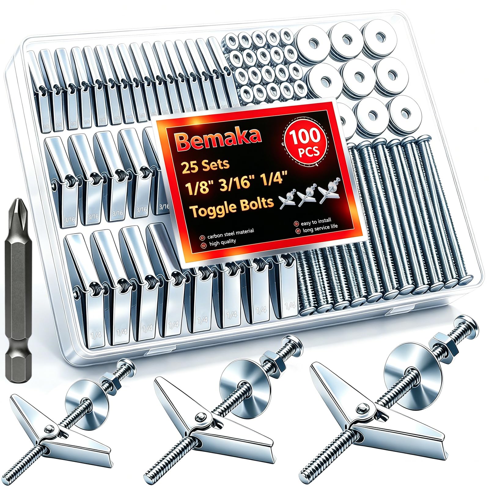 Bemaka (1/8" 3/16" 1/4" 1/4"-20 11 Sizes Assortment kit) (Silver/Multicolor/White) (Optional) Toggle Bolts for Drywall, Heavy Duty Drywall Anchors and Screws Kit for Hollow Wall, Ceiling