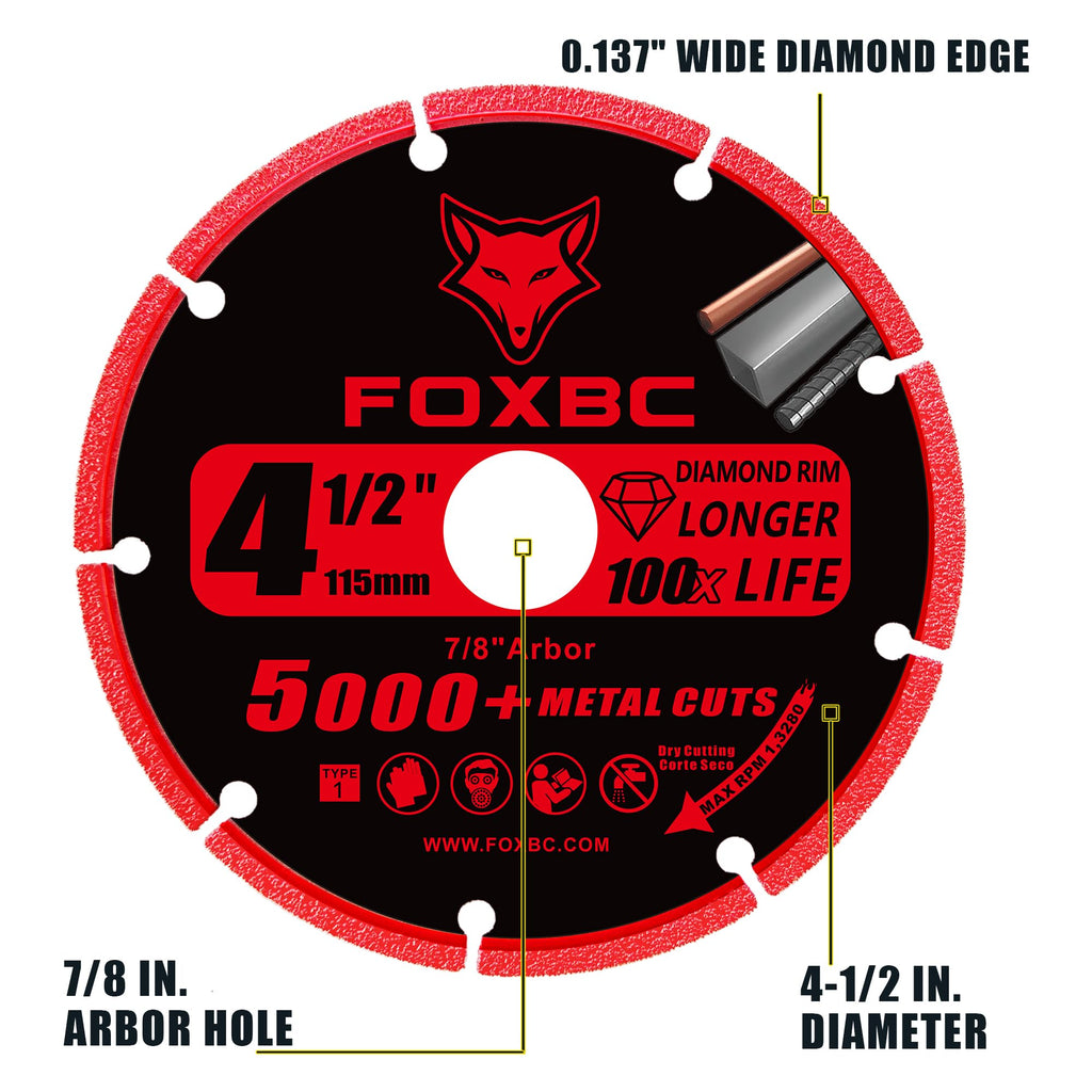 FOXBC 4-1/2 Inch Diamond Cutting Wheel Metal Cut Off for Angle Grinder, 5000+ Cuts on Rebar, Stainless Steel, Angle Iron, 7/8" Arbor - 3 Pack