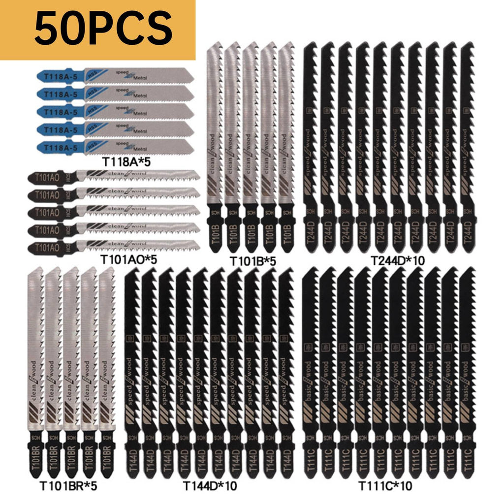 50pcs T Shank Jigsaw Blades Set with Storage Case, Contractor Assorted Jig Saw Blade Set Made with HCS/HSS for Wood Plastic and Metal Cutting, Fits Most Jig Saw Models