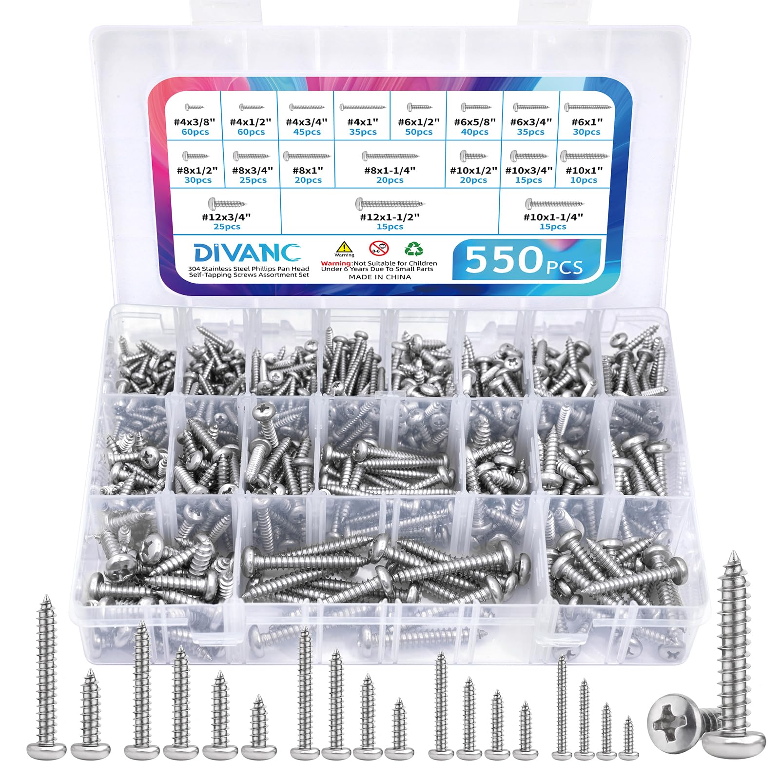 DIVANC 550Pcs 304 Stainless Steel Wood Screws Assortment Kit, Phillips Pan Head Sheet Metal Screws Self Tapping Screws Set, #4#6#8#10#12 Wood Assorted Screw