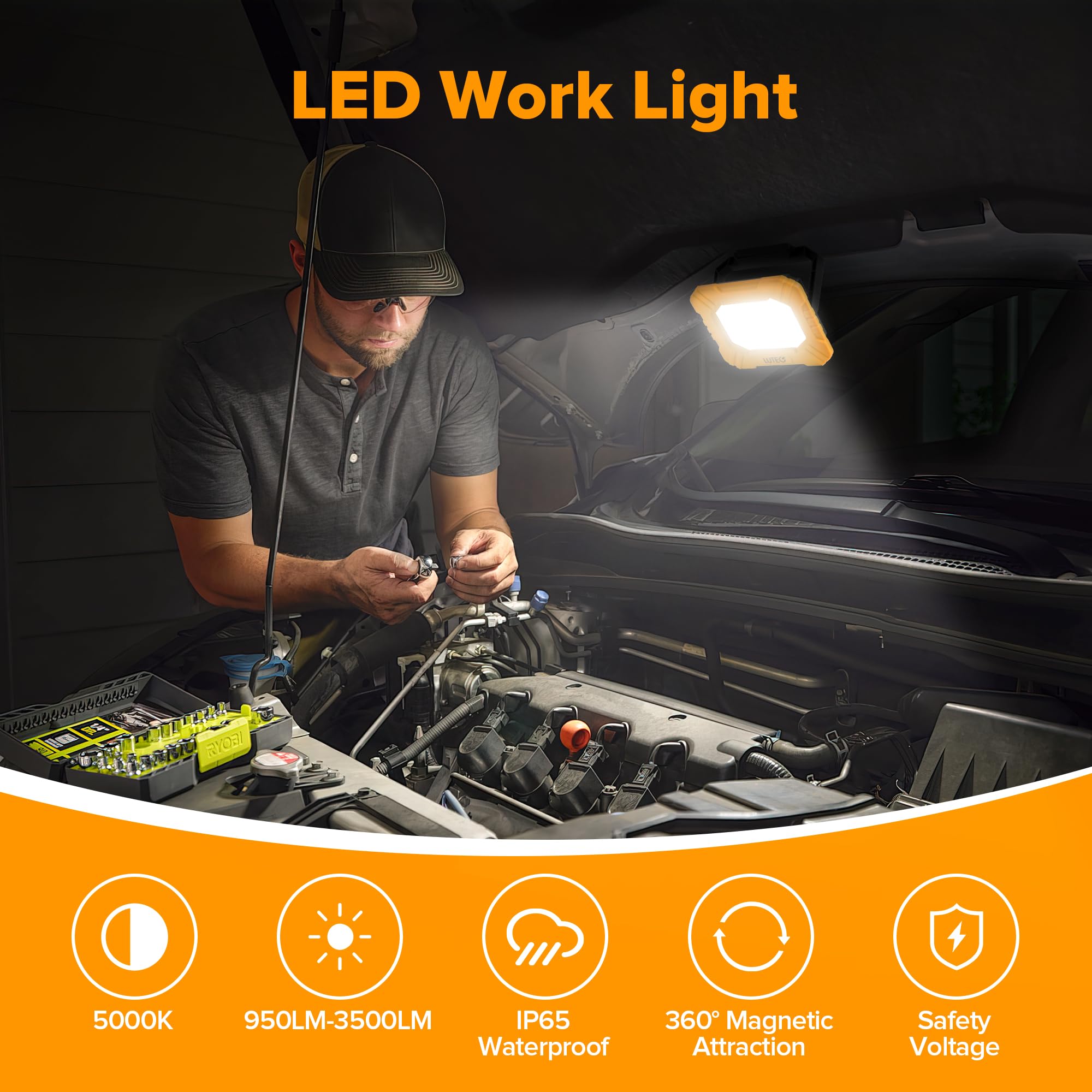 LUTEC 3500LM LED Work Light, Rechargeable Magnetic Work Lights with Stand, Portable 5000K Flood Light for Car Repair/Fishing/Camping/Emergency/Hiking, 3 Modes