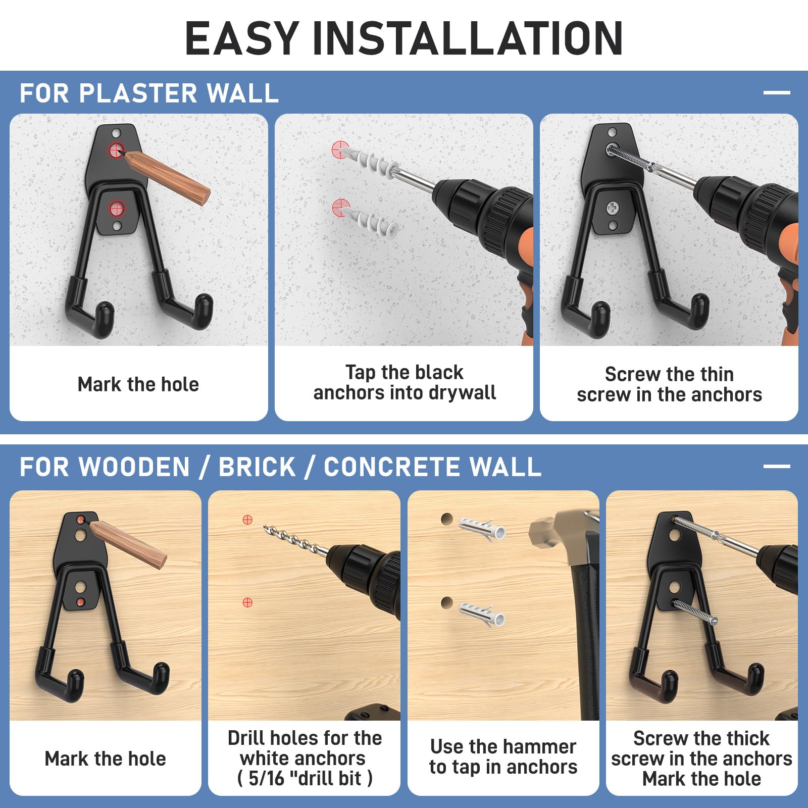 Cpais Garage Hooks with Anti-Slip Coating,Heavy Duty Wall Mount Storage Hooks for Hanging Bike,Hose,Ladder,Yard,Garden Tools