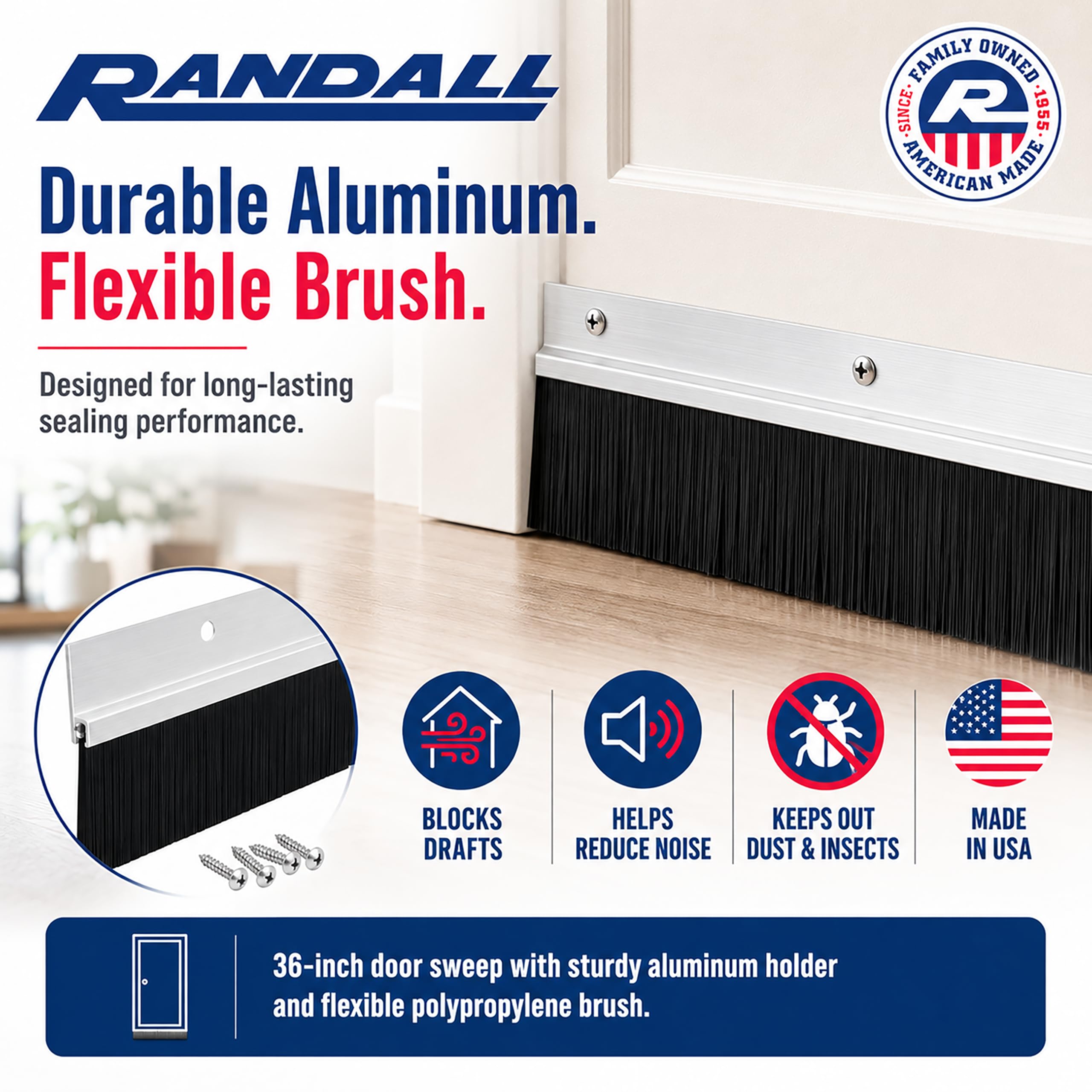 Aluminum & Brush Door Sweep | 36-Inch Length | Weatherproofing Solution for Gaps Up to 1 1/2" | Durable USA-Made Door Sweep Seal | Dust, Debris, and Draft Protection
