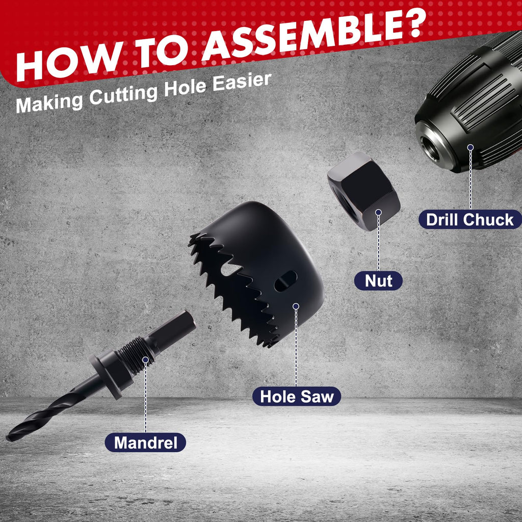 HIDOTOL 8PC Hole Saw Kit 1" to 2-1/8"(25-54mm) in Case with Drill Bits, Mandrels and Hex Key, Smooth Cutting for Soft Wood, Plywood, PVC Board