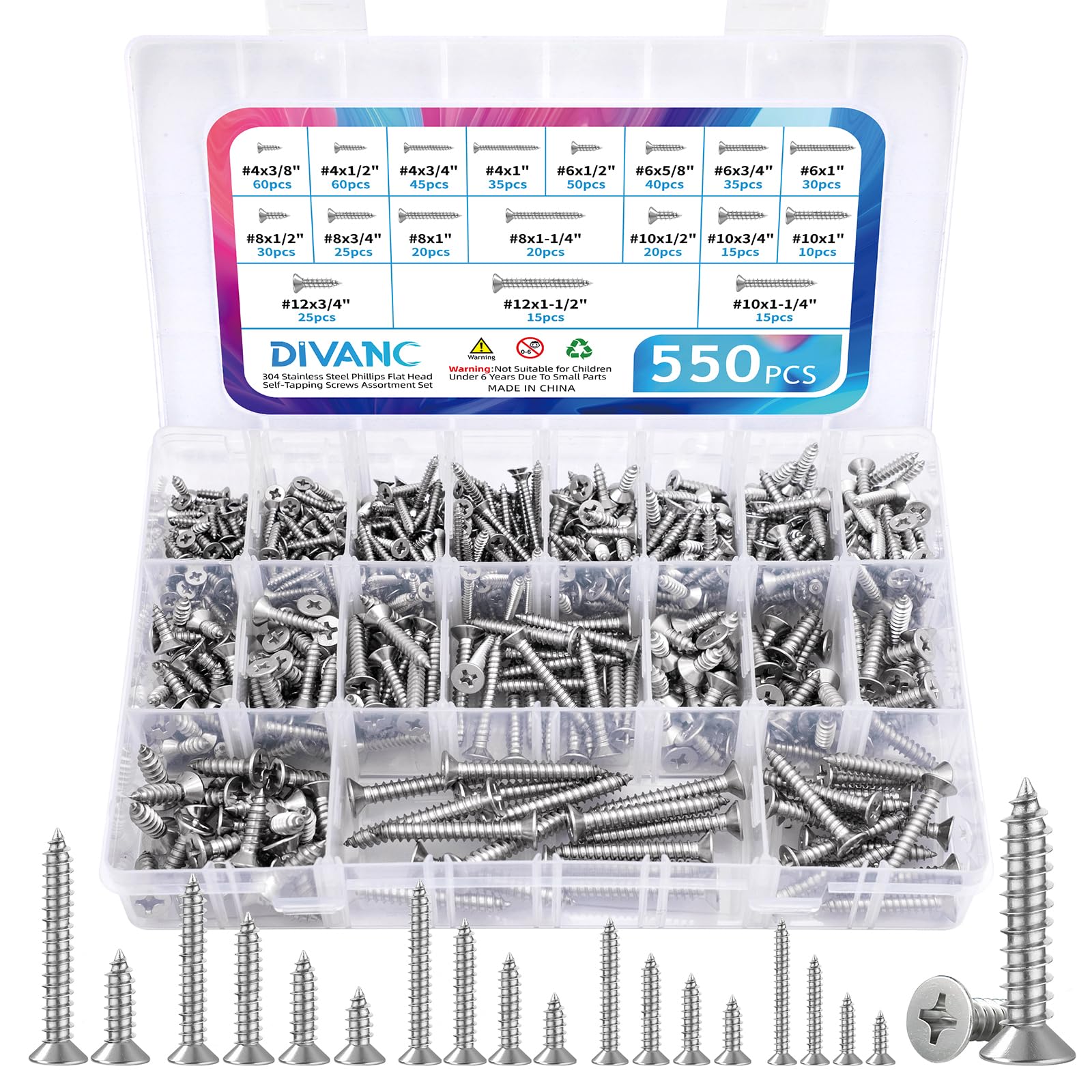 DIVANC 550Pcs 304 Stainless Steel Wood Screws Assortment Kit, Phillips Pan Head Sheet Metal Screws Self Tapping Screws Set, #4#6#8#10#12 Wood Assorted Screw