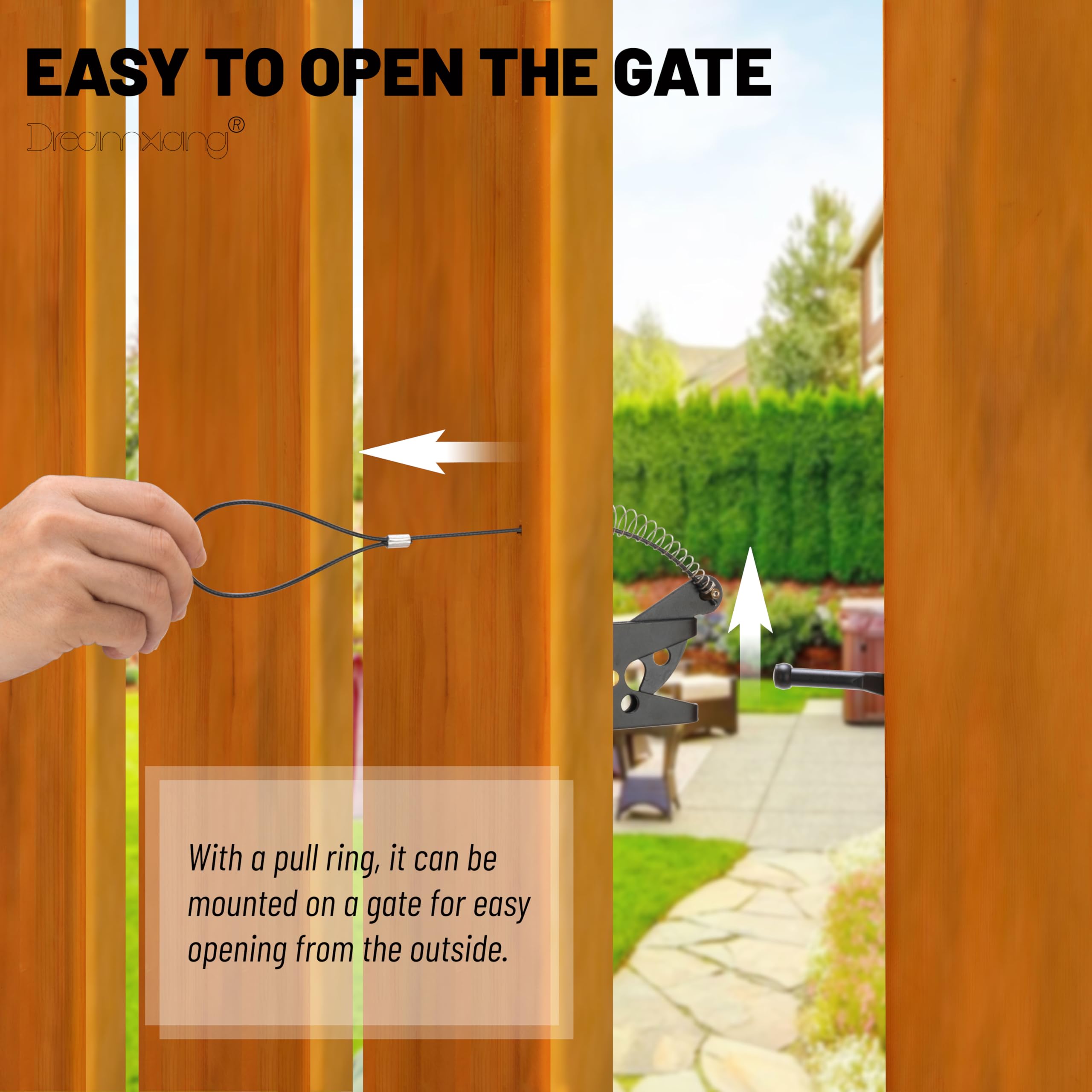Self Closing Gate Latches with Spring Cable Pulll, Post Mount Automatic Gravity Lever Gate Fence Door Lock for Wooden Fence/Vinyl Door/Aluminum Gate