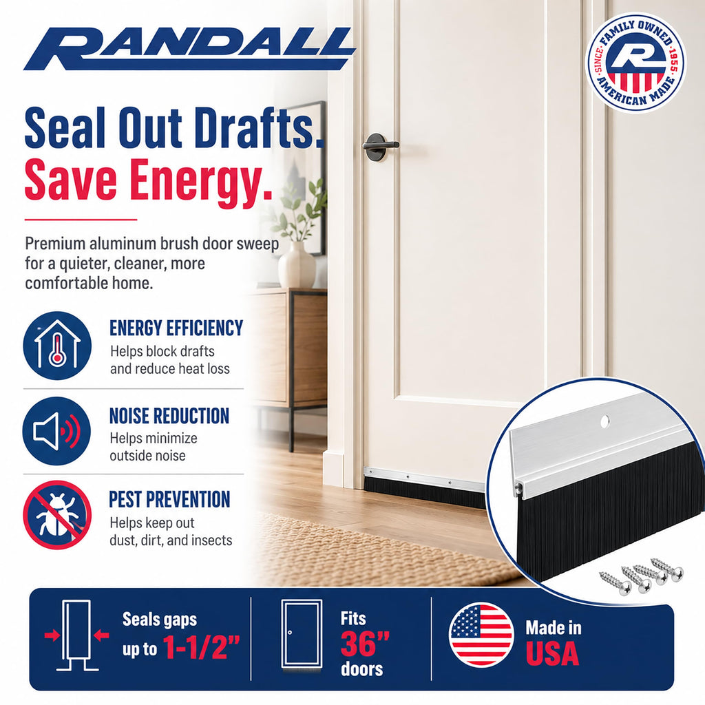 Aluminum & Brush Door Sweep | 36-Inch Length | Weatherproofing Solution for Gaps Up to 1 1/2" | Durable USA-Made Door Sweep Seal | Dust, Debris, and Draft Protection