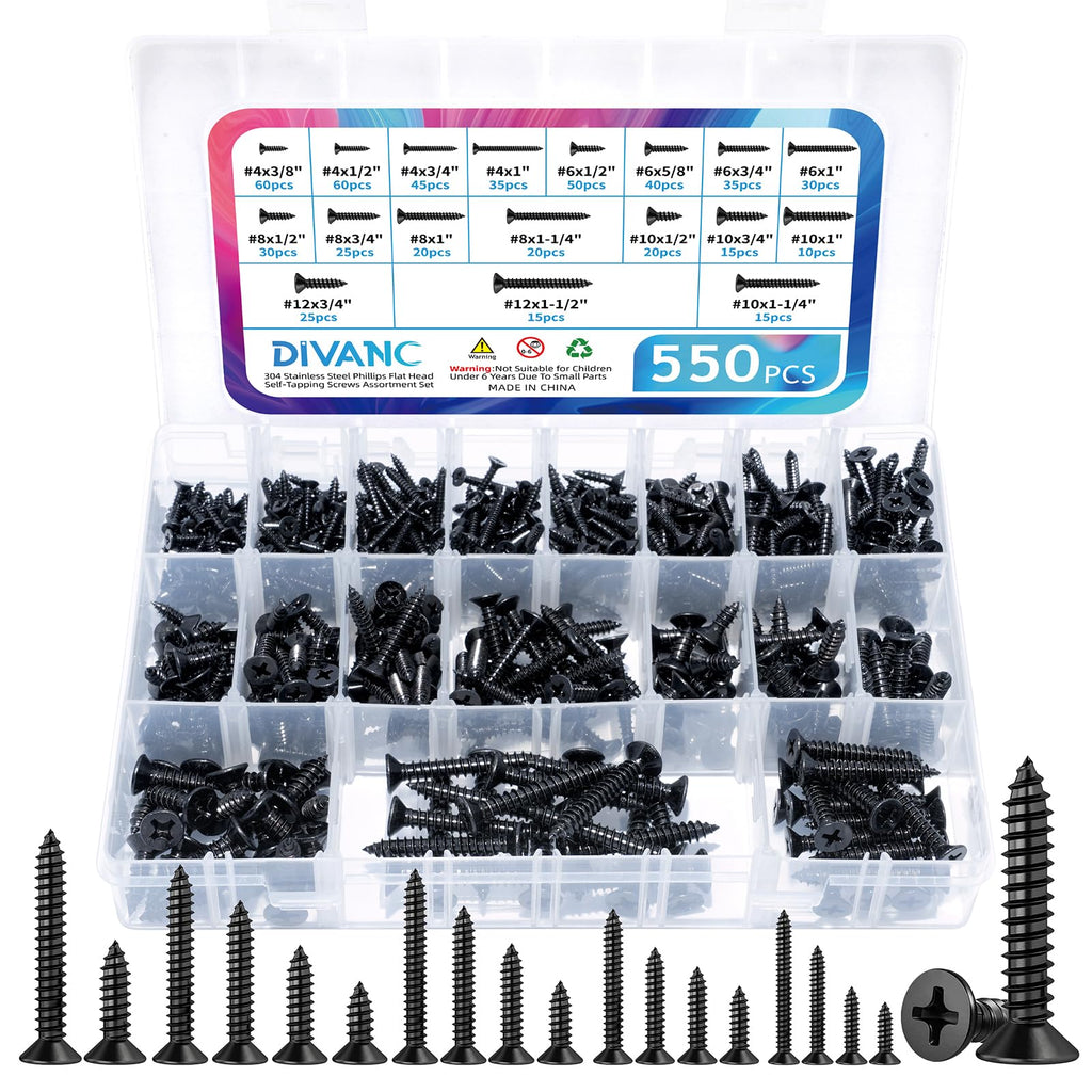 DIVANC 550Pcs 304 Stainless Steel Wood Screws Assortment Kit, Phillips Pan Head Sheet Metal Screws Self Tapping Screws Set, #4#6#8#10#12 Wood Assorted Screw
