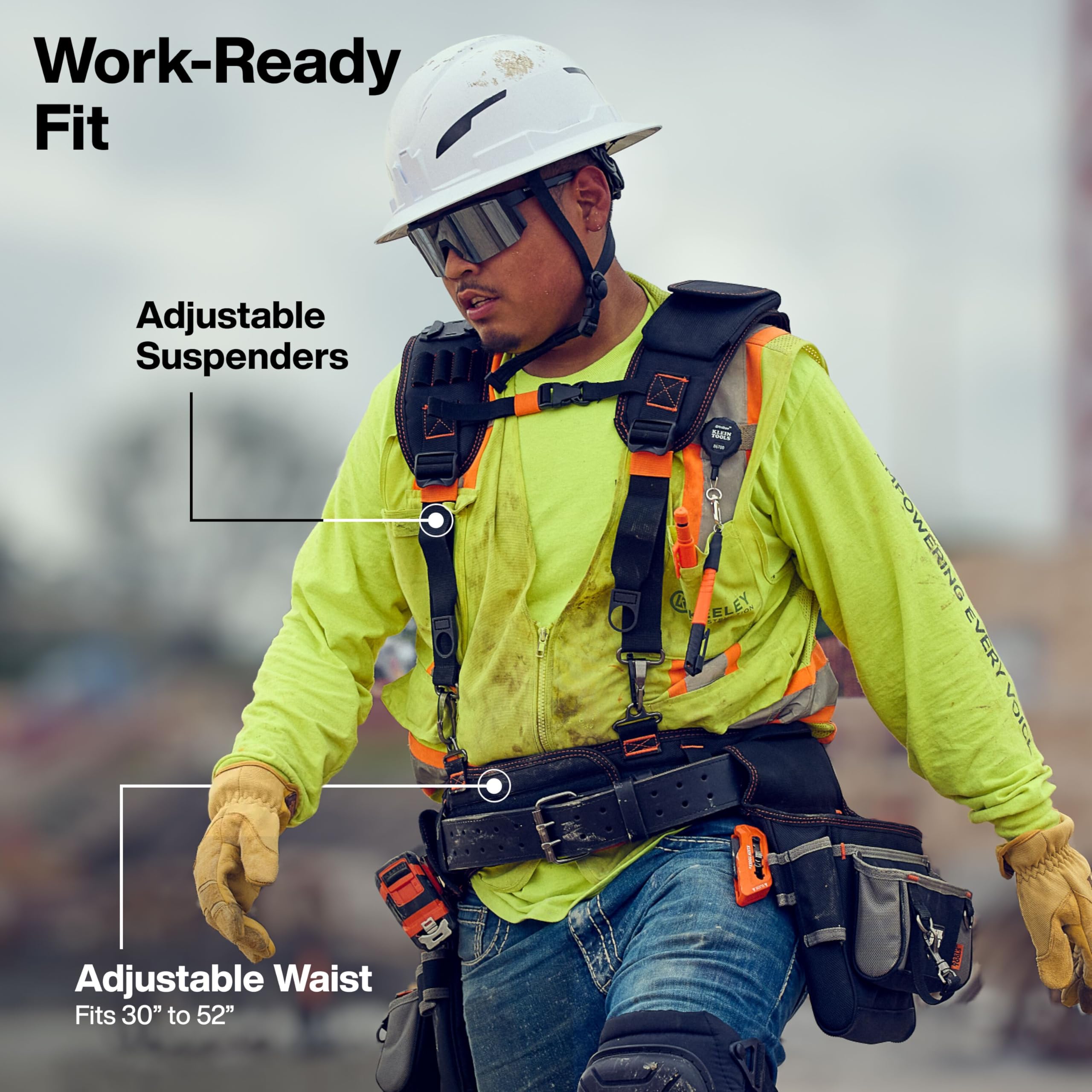 Klein Tools Tool Rig, Padded Tool Belt with Suspenders, 23 Pockets, Adjustable 30-52in Waist for Construction