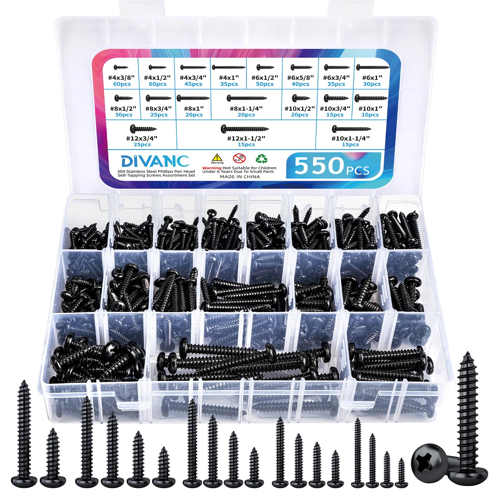 DIVANC 550Pcs 304 Stainless Steel Wood Screws Assortment Kit, Phillips Pan Head Sheet Metal Screws Self Tapping Screws Set, #4#6#8#10#12 Wood Assorted Screw