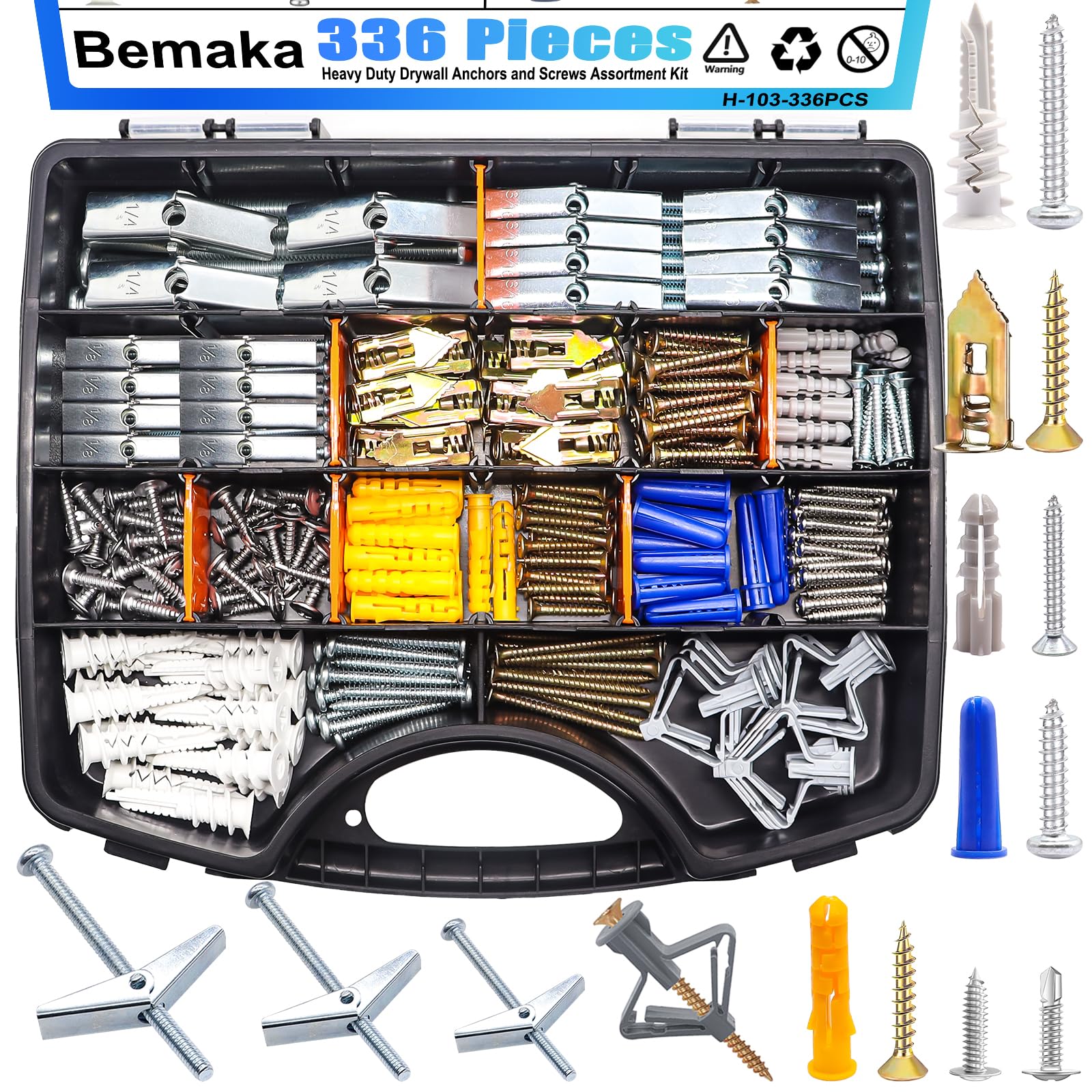 Bemaka (1/8" 3/16" 1/4" 1/4"-20 11 Sizes Assortment kit) (Silver/Multicolor/White) (Optional) Toggle Bolts for Drywall, Heavy Duty Drywall Anchors and Screws Kit for Hollow Wall, Ceiling