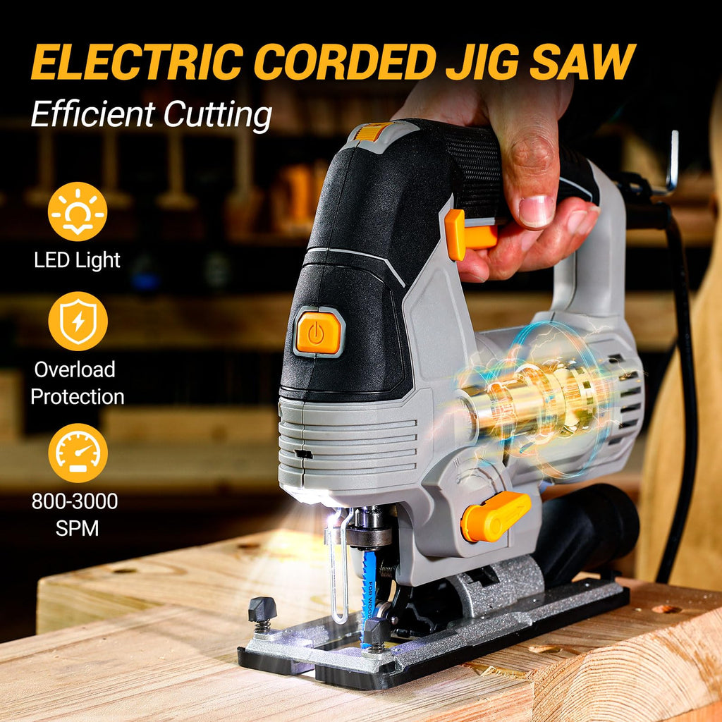 6.7-Amp Jig Saw Corded: Electric Jigsaw Tool Power Jig Saws for Wood Cutter with 6 Variable Speed Up to 3000 SPM, 4 Orbital Settings, LED Light & ±45° Bevel Cutting, Tool-Free Blade Change