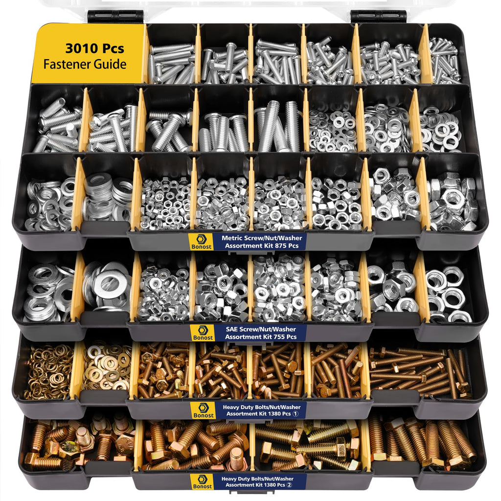 Bonost 3010pcs Nuts and Bolts Kit with Grade 8.8 Metric Hex Bolts, 4 Trays