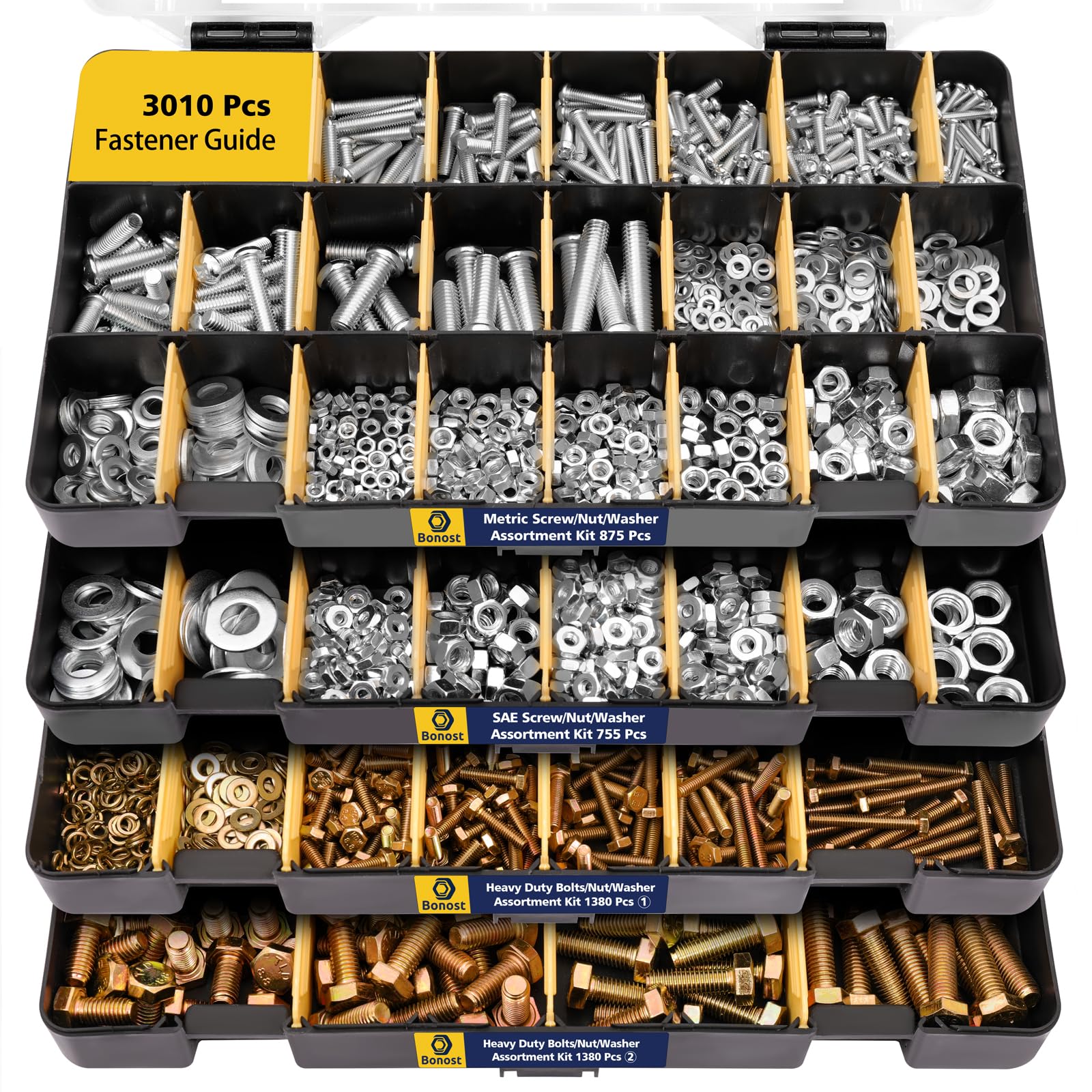Bonost 3010pcs Nuts and Bolts Kit with Grade 8.8 Metric Hex Bolts, 4 Trays