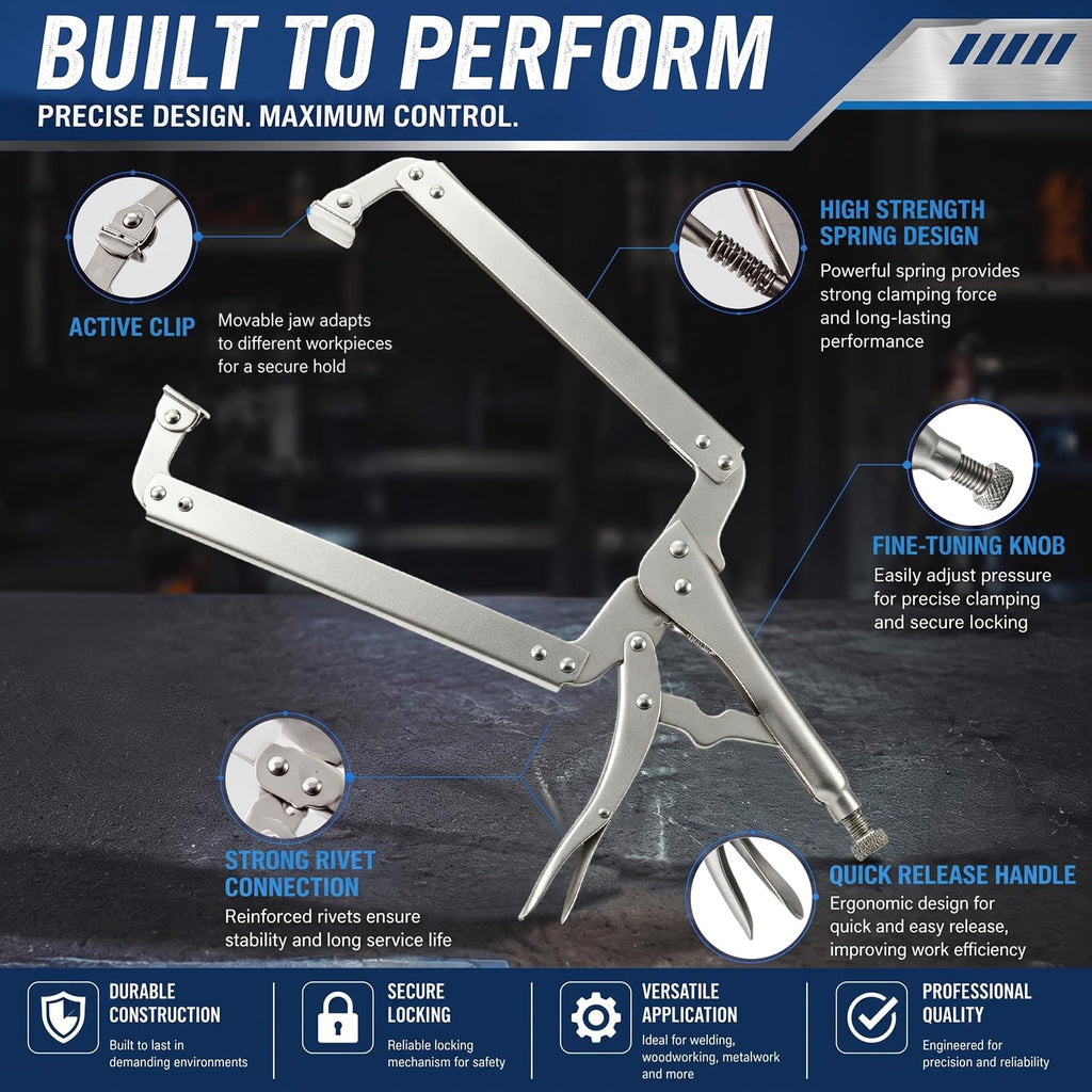 Locking C Clamp Set, Locking Pliers with Fixed and Swivel Pads, 6 Inch, 9 and 11 Inch, Metal Tools Welding Clamps for Home Farm