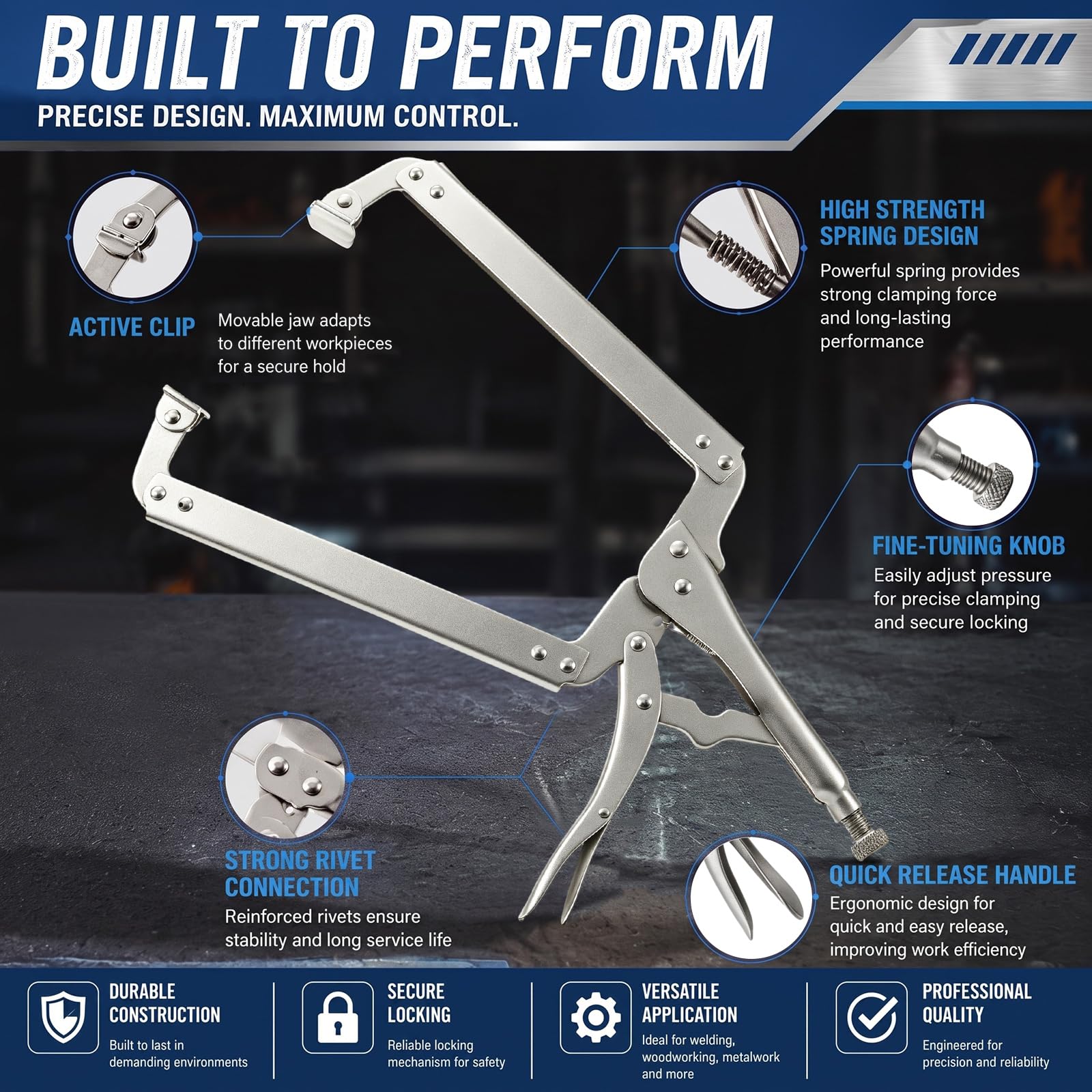 Locking C Clamp Set, Locking Pliers with Fixed and Swivel Pads, 6 Inch, 9 and 11 Inch, Metal Tools Welding Clamps for Home Farm