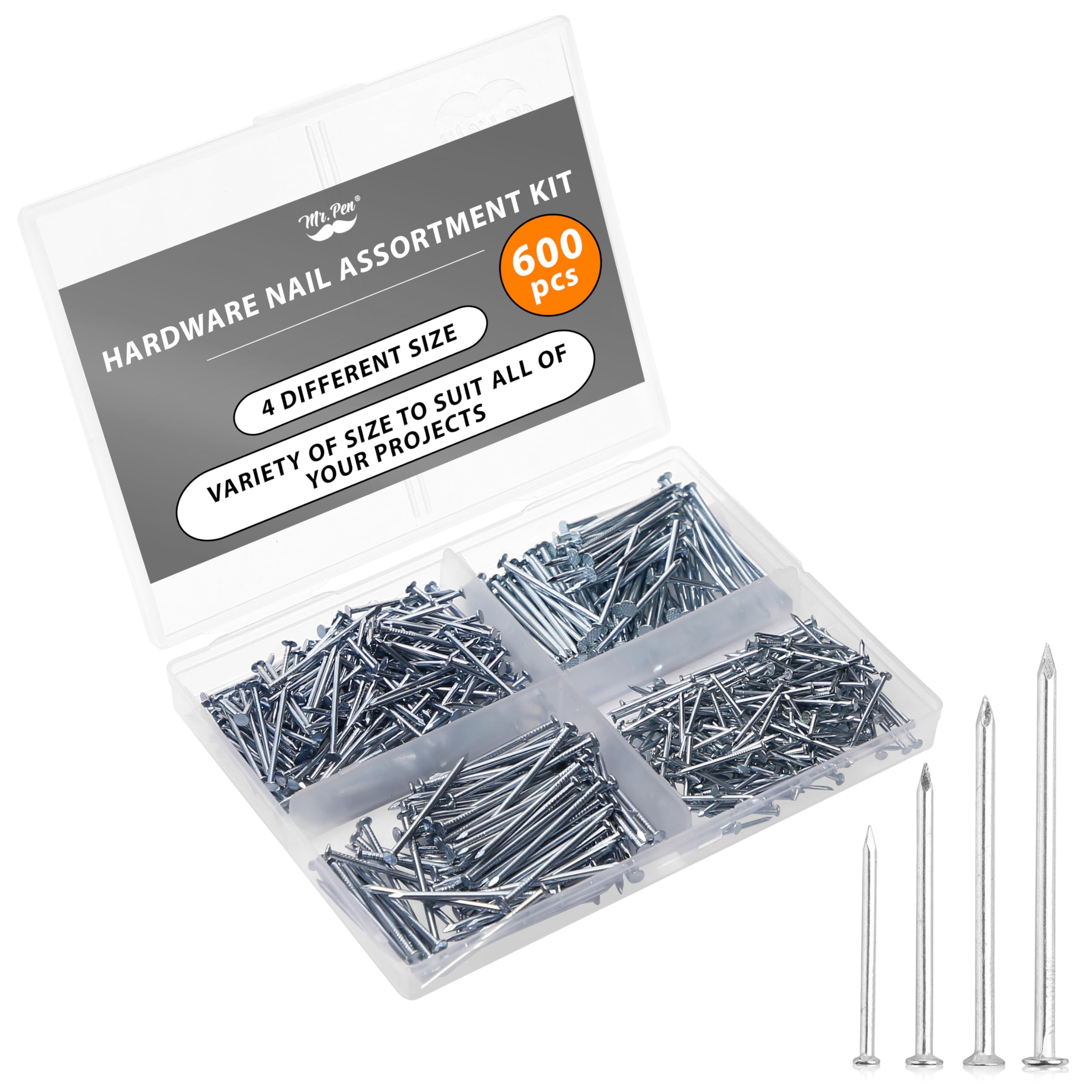 Mr. Pen- Nail Assortment Kit, 600 Pcs, 4 Sizes, Silver, Small Nails for Hanging Pictures