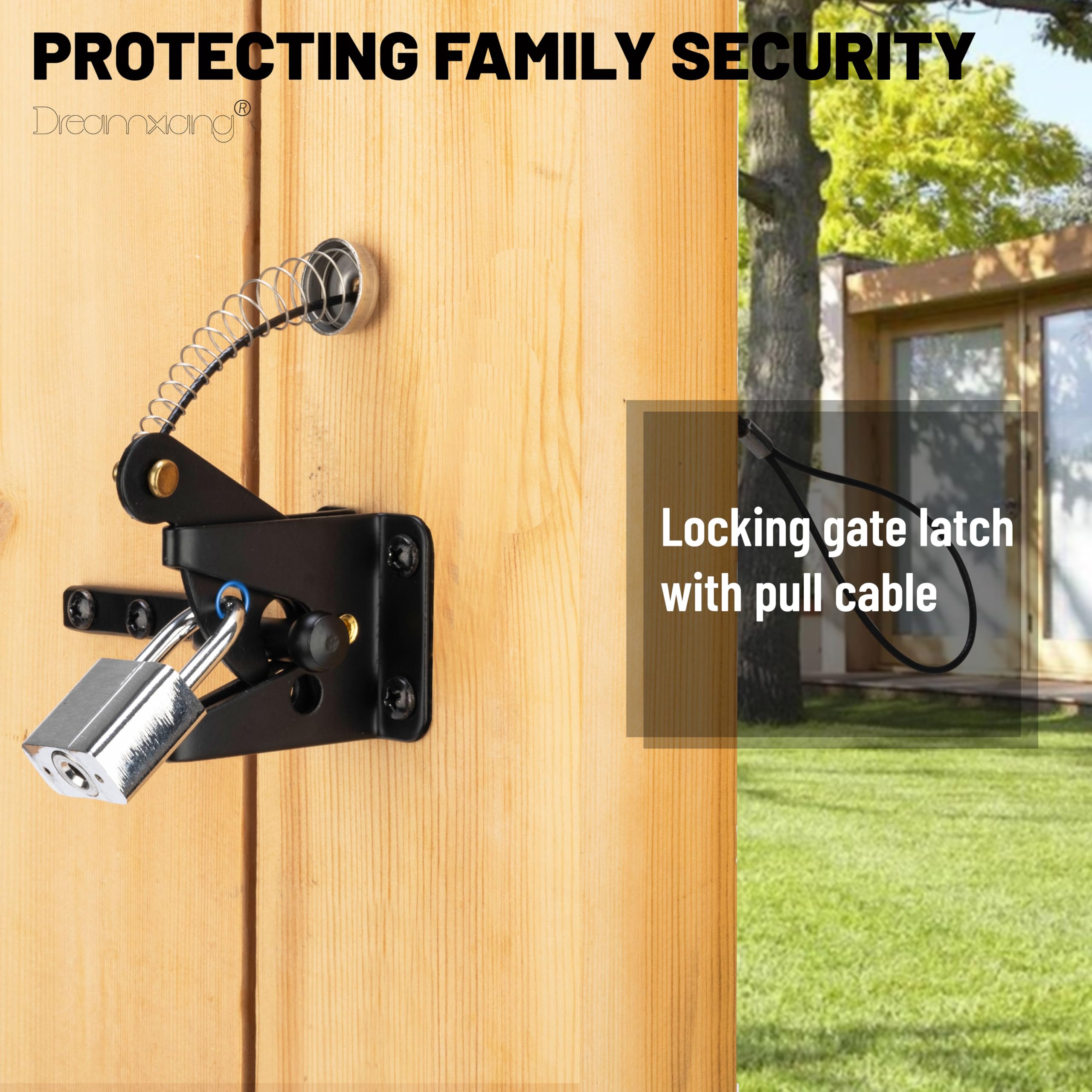 Self Closing Gate Latches with Spring Cable Pulll, Post Mount Automatic Gravity Lever Gate Fence Door Lock for Wooden Fence/Vinyl Door/Aluminum Gate