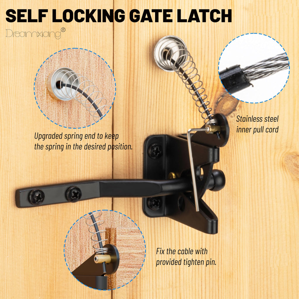 Self Closing Gate Latches with Spring Cable Pulll, Post Mount Automatic Gravity Lever Gate Fence Door Lock for Wooden Fence/Vinyl Door/Aluminum Gate