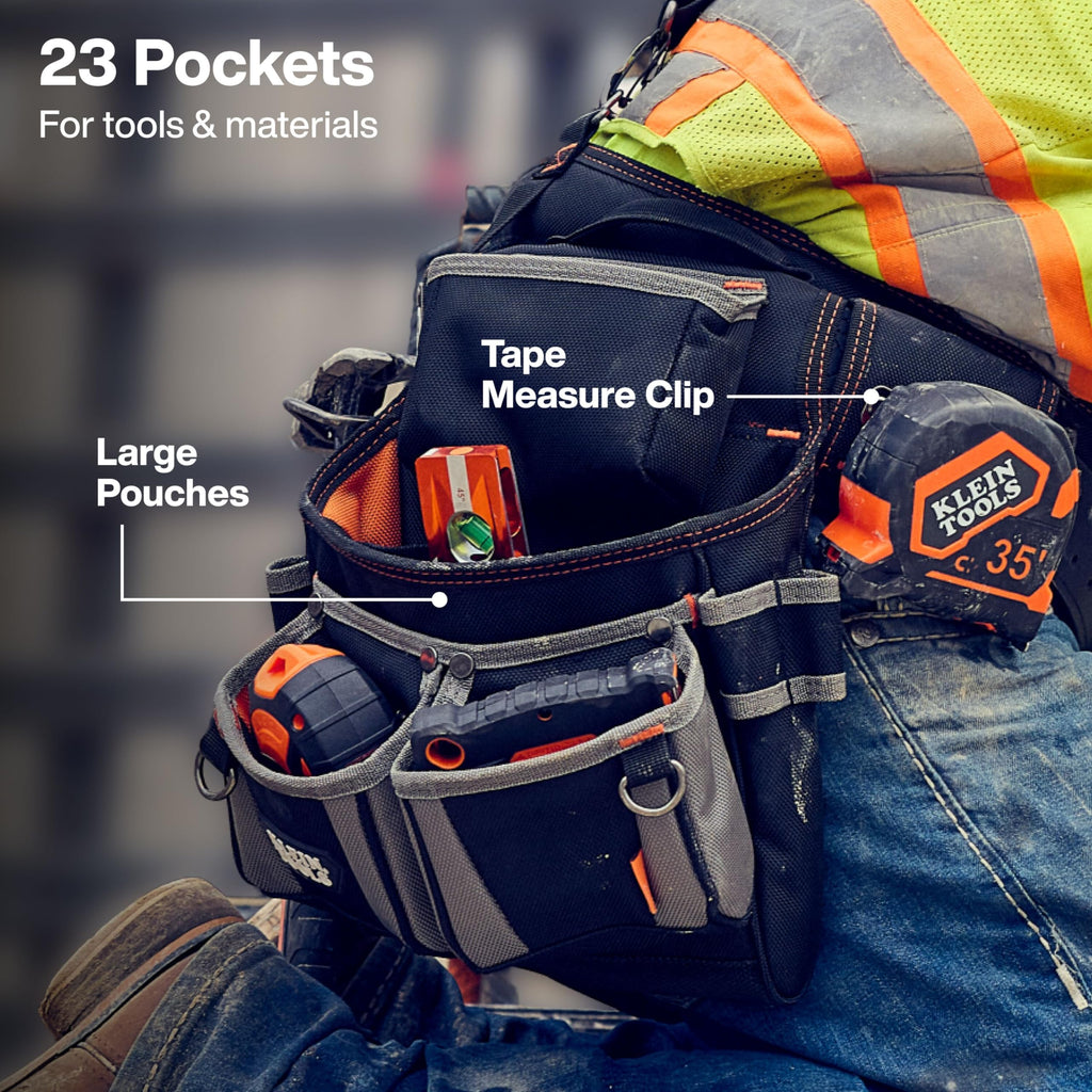 Klein Tools Tool Rig, Padded Tool Belt with Suspenders, 23 Pockets, Adjustable 30-52in Waist for Construction