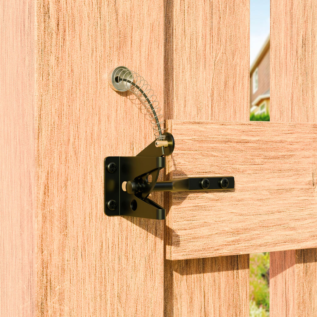 Self Closing Gate Latches with Spring Cable Pulll, Post Mount Automatic Gravity Lever Gate Fence Door Lock for Wooden Fence/Vinyl Door/Aluminum Gate
