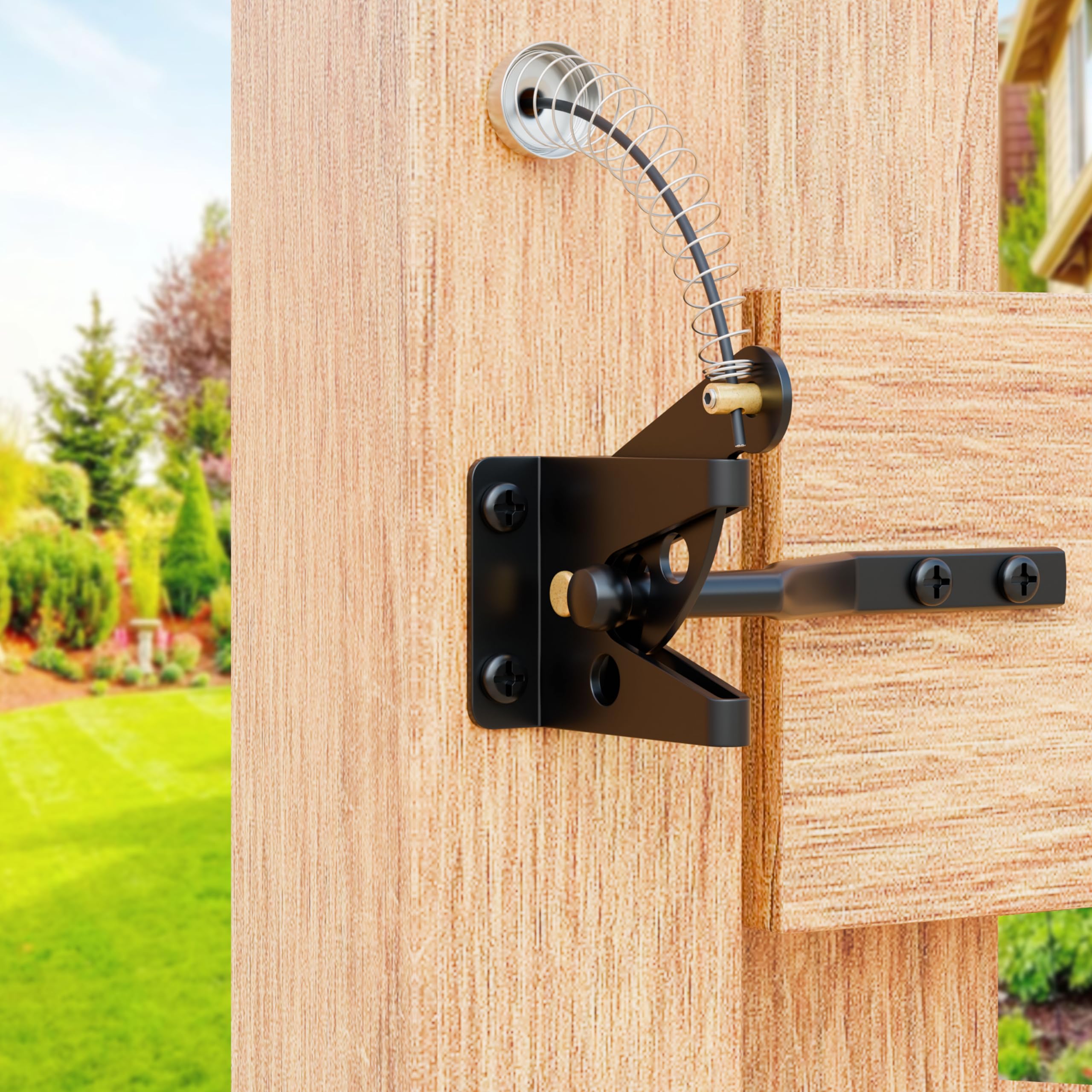 Self Closing Gate Latches with Spring Cable Pulll, Post Mount Automatic Gravity Lever Gate Fence Door Lock for Wooden Fence/Vinyl Door/Aluminum Gate
